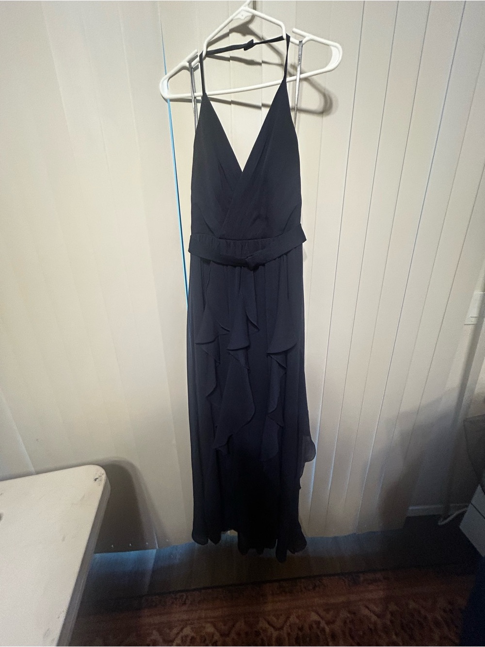 Vera Wang Black V-Neck Spaghetti Strap Ruffle Maxi Dress